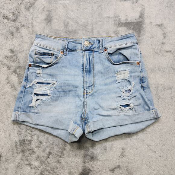 Wax Jean Shorts Womens M Blue Distressed Patch Stacked High Rise Cuffed Stretch - Picture 1 of 12